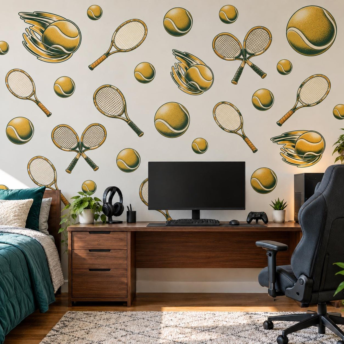 Tennis Wall Stickers, Vintage Tennis Racket Decor, Tennis Ball Wall Decals, Sports Kids Room Teen Bedroom Peel and Stick Wall Art