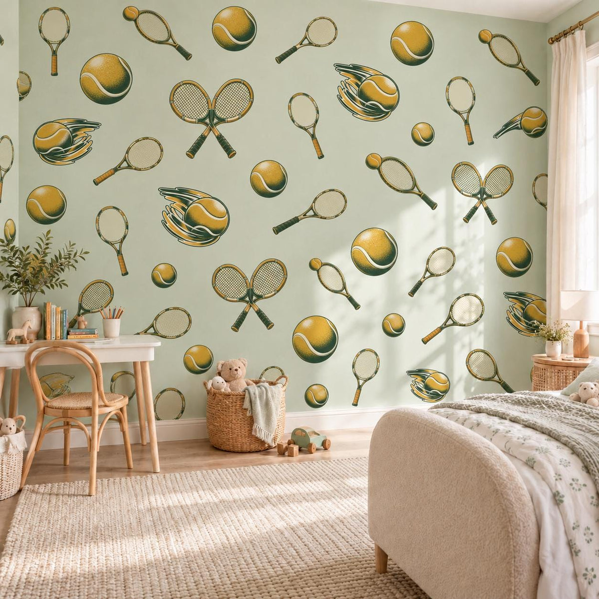 Tennis Wall Stickers, Vintage Tennis Racket Decor, Tennis Ball Wall Decals, Sports Kids Room Teen Bedroom Peel and Stick Wall Art