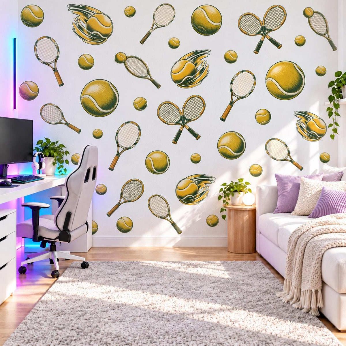 Tennis Wall Stickers, Vintage Tennis Racket Decor, Tennis Ball Wall Decals, Sports Kids Room Teen Bedroom Peel and Stick Wall Art