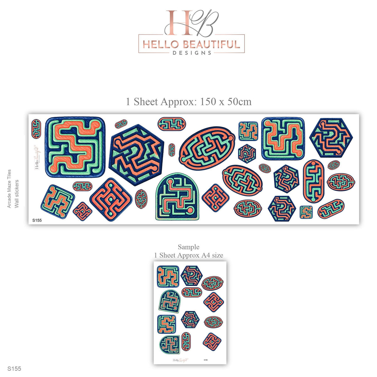 Maze Wall Stickers, Retro Arcade Gamer Room Decor, Puzzle Wall Decals, Navy Coral Boys Teen Bedroom Peel and Stick Wall Art
