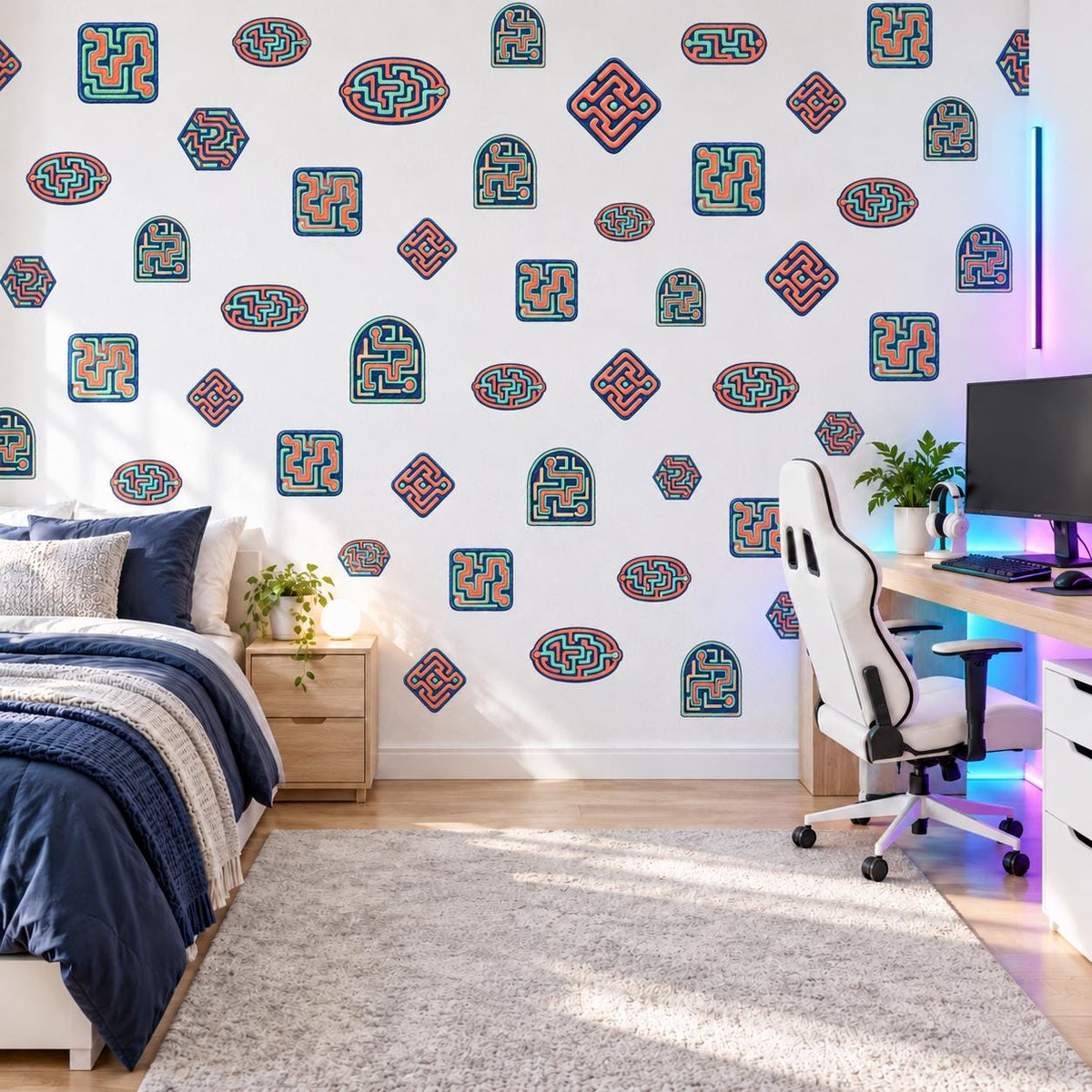 Maze Wall Stickers, Retro Arcade Gamer Room Decor, Puzzle Wall Decals, Navy Coral Boys Teen Bedroom Peel and Stick Wall Art