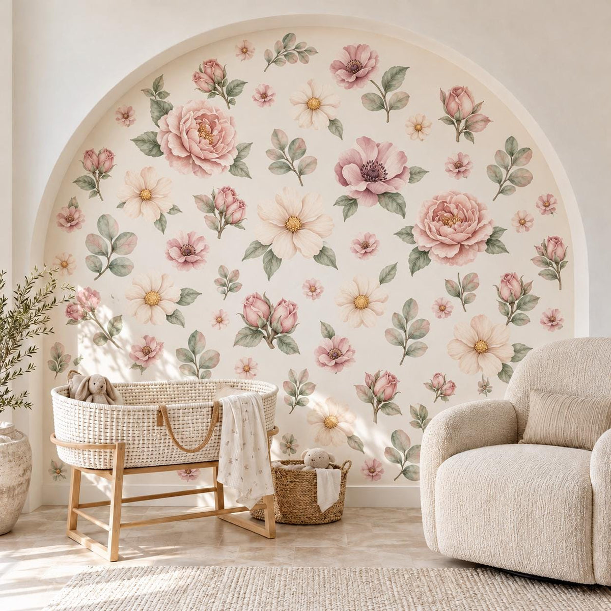 Floral Wall Stickers, Blush Peony Nursery Decor, Watercolour Flower Wall Decals, Girls Kids Room Bedroom Baby Peel and Stick Wall Art