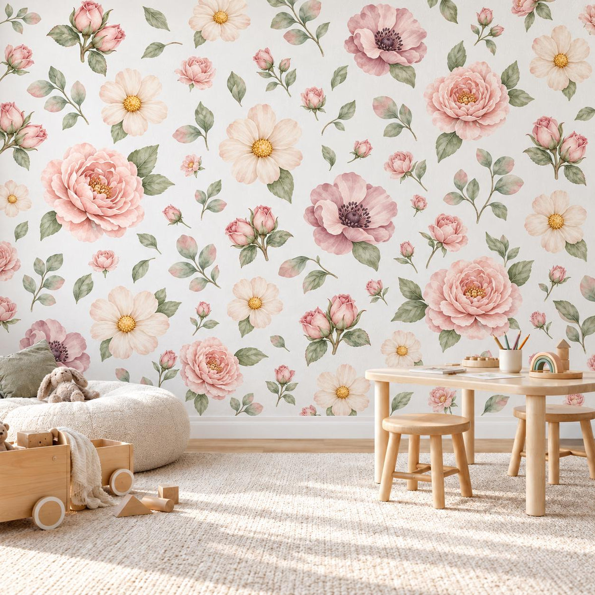Floral Wall Stickers, Blush Peony Nursery Decor, Watercolour Flower Wall Decals, Girls Kids Room Bedroom Baby Peel and Stick Wall Art