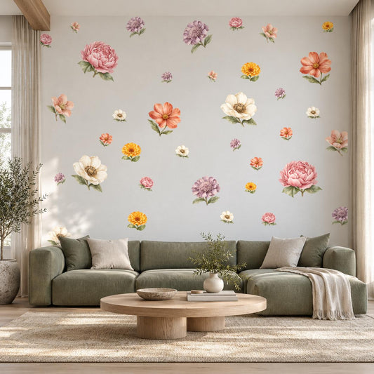 Wildflower Wall Stickers, Boho Floral Nursery Decor, Peony Flower Wall Decals, Girls Bedroom Pink Coral Peel and Stick Wall Art