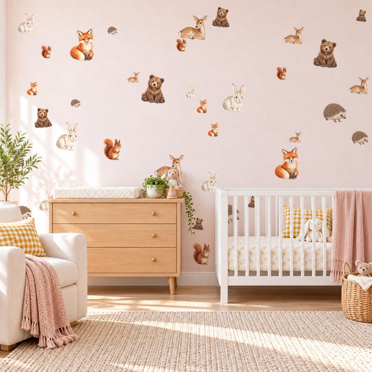 Woodland Animal Wall Stickers, Fox Bear Rabbit Nursery Decor, Forest Animal Wall Decals, Boys Girls Kids Room Peel and Stick Wall Art