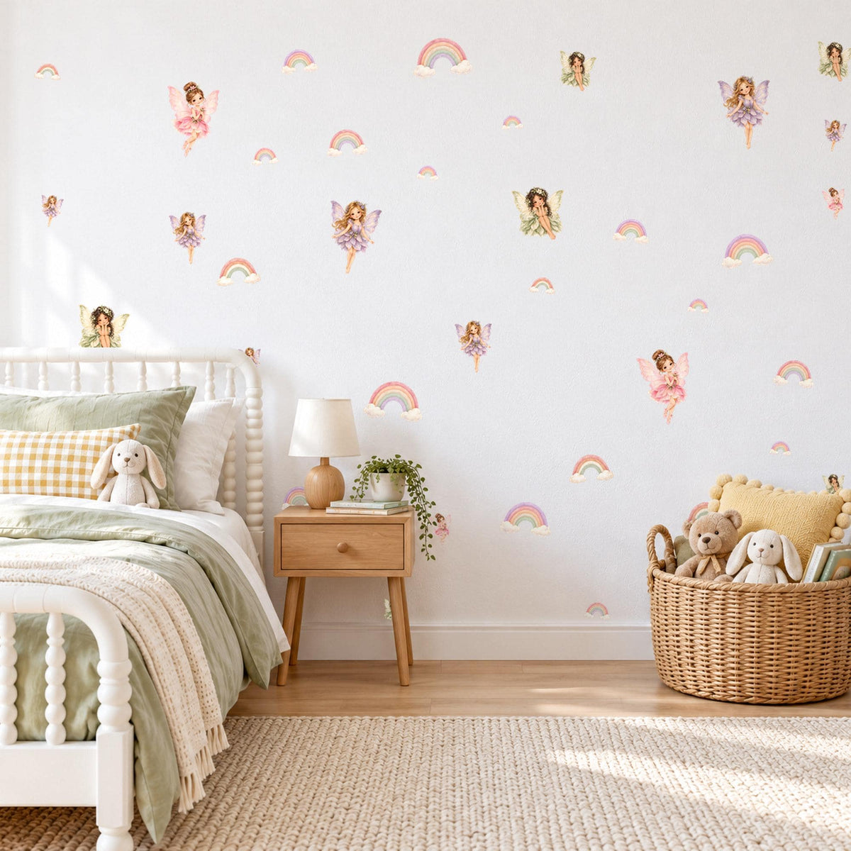 Fairy Wall Stickers, Pastel Rainbow Nursery Decor, Fairy and Rainbow Wall Decals, Girls Bedroom Pink Lilac Peel and Stick Wall Art