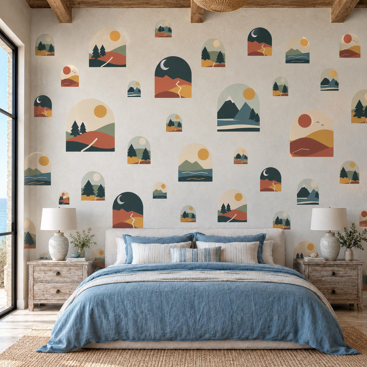 Mountain Wall Stickers, Boho Desert Landscape Decor, Pine Tree Arch Wall Decals, Terracotta Teal Mid Century Peel and Stick Wall Art