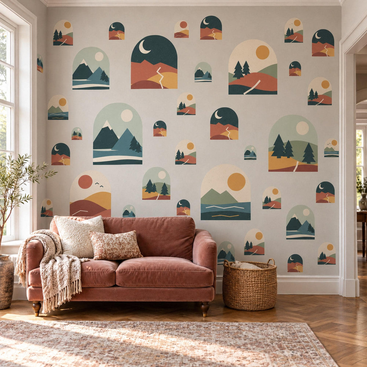Mountain Wall Stickers, Boho Desert Landscape Decor, Pine Tree Arch Wall Decals, Terracotta Teal Mid Century Peel and Stick Wall Art