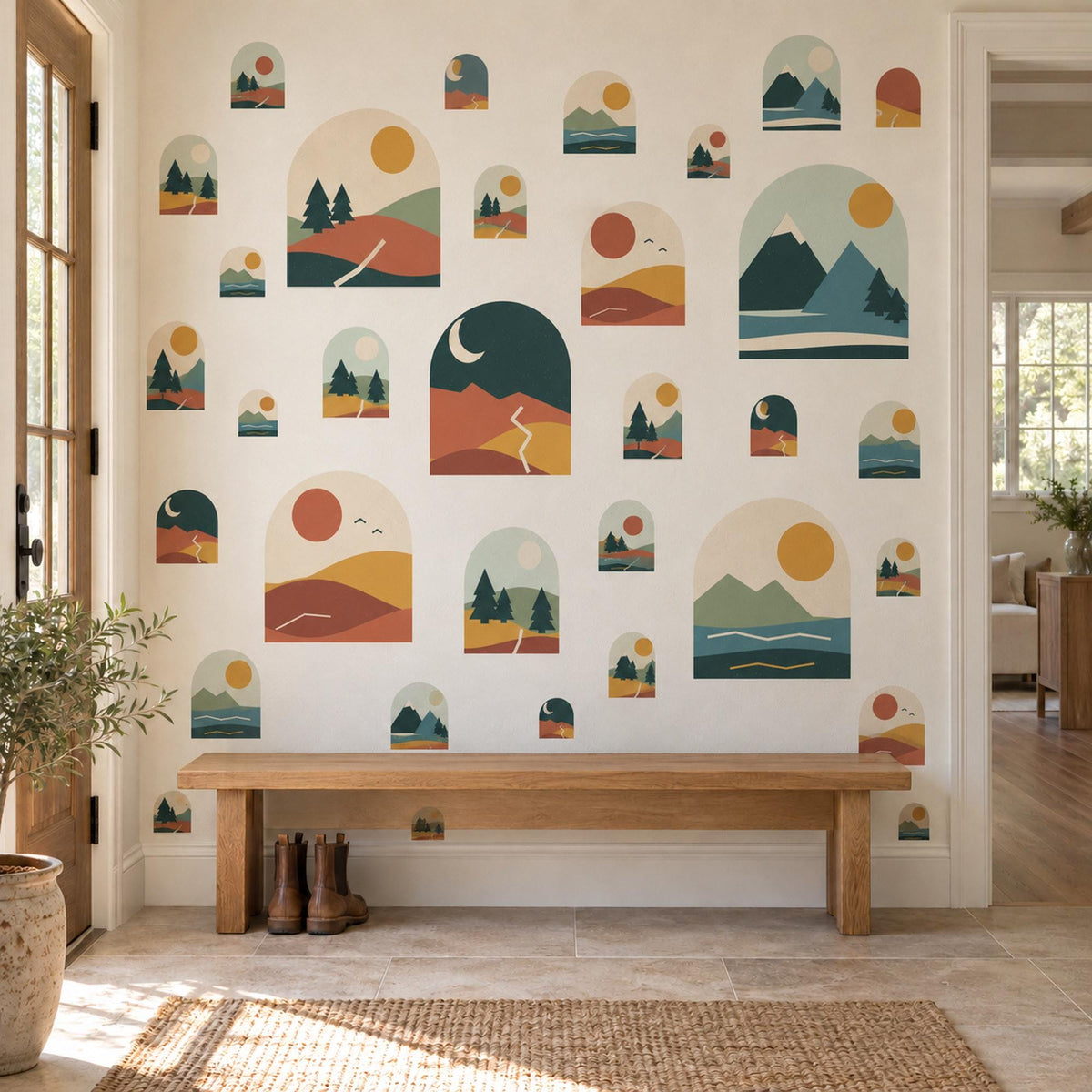 Mountain Wall Stickers, Boho Desert Landscape Decor, Pine Tree Arch Wall Decals, Terracotta Teal Mid Century Peel and Stick Wall Art