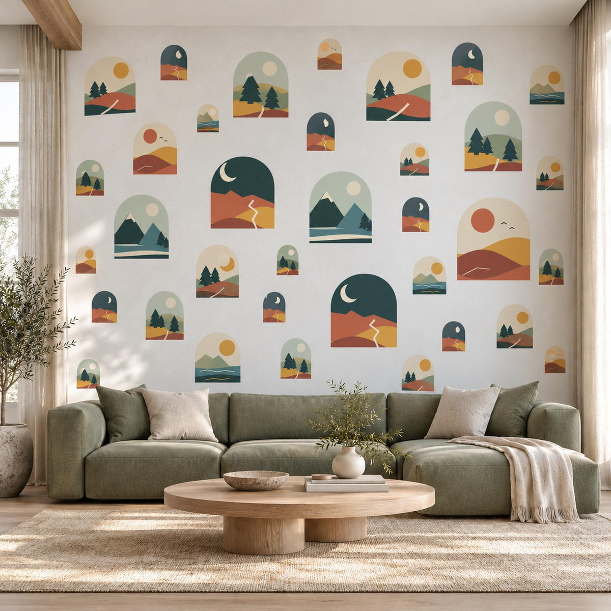 Mountain Wall Stickers, Boho Desert Landscape Decor, Pine Tree Arch Wall Decals, Terracotta Teal Mid Century Peel and Stick Wall Art
