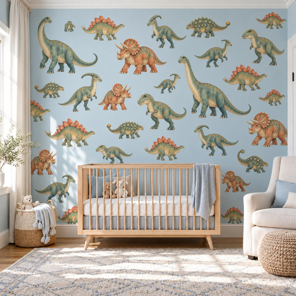 Dinosaur Wall Stickers, Dino Nursery Decor, Jurassic Dinosaur Wall Decals, Boys Kids Room Green Orange Peel and Stick Wall Art