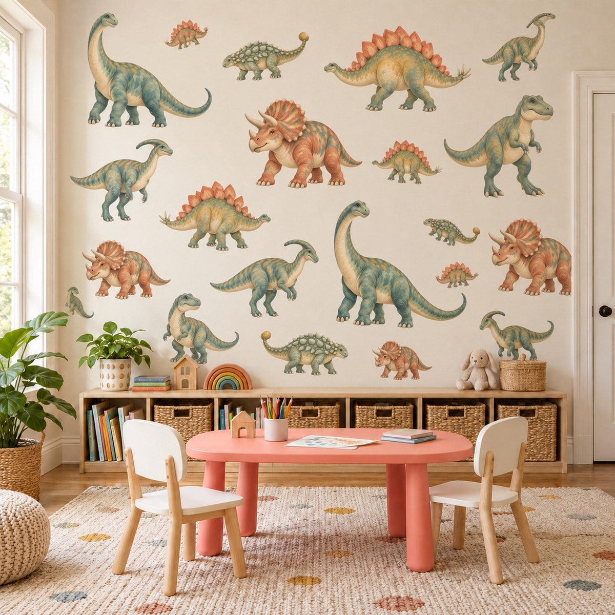 Dinosaur Wall Stickers, Dino Nursery Decor, Jurassic Dinosaur Wall Decals, Boys Kids Room Green Orange Peel and Stick Wall Art