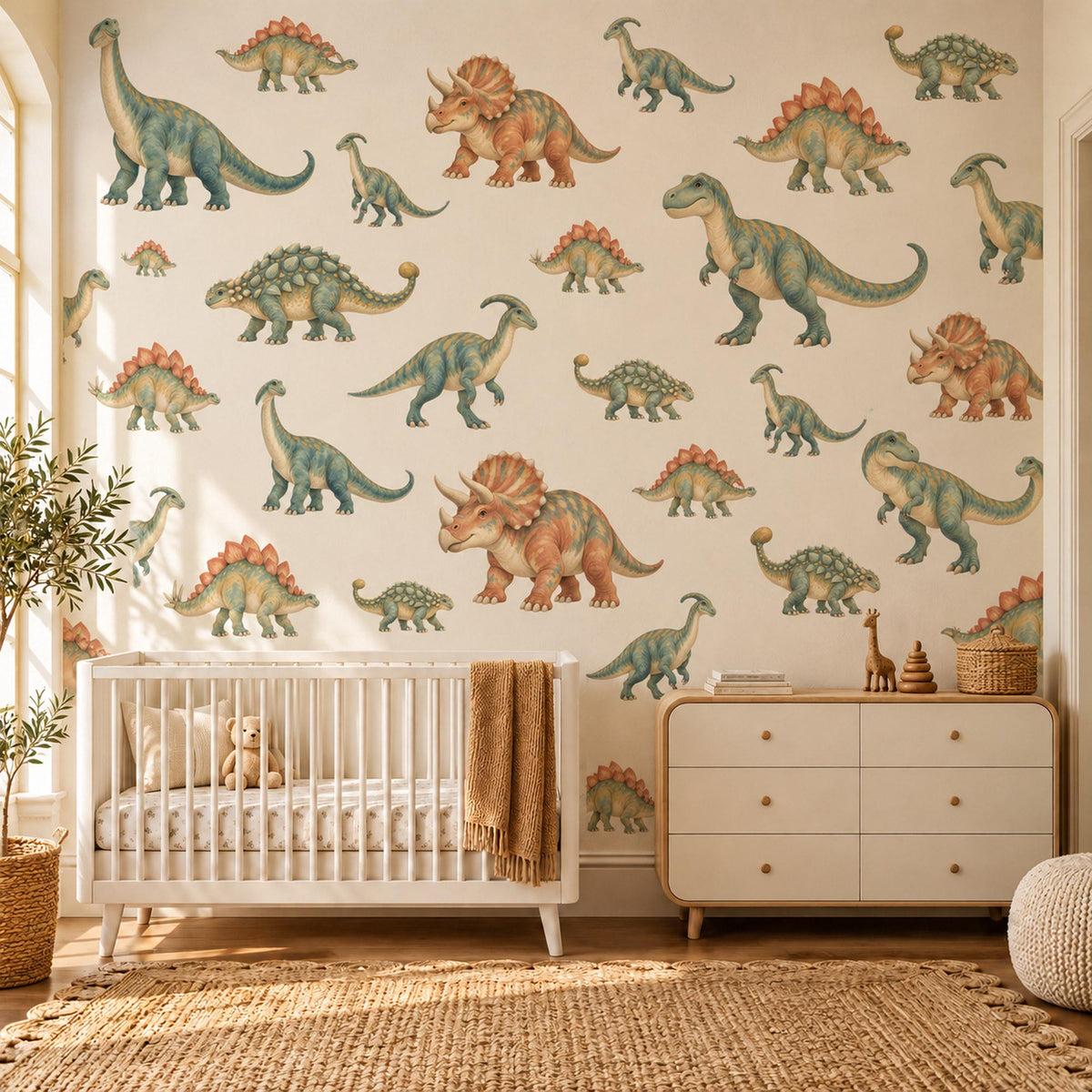 Dinosaur Wall Stickers, Dino Nursery Decor, Jurassic Dinosaur Wall Decals, Boys Kids Room Green Orange Peel and Stick Wall Art