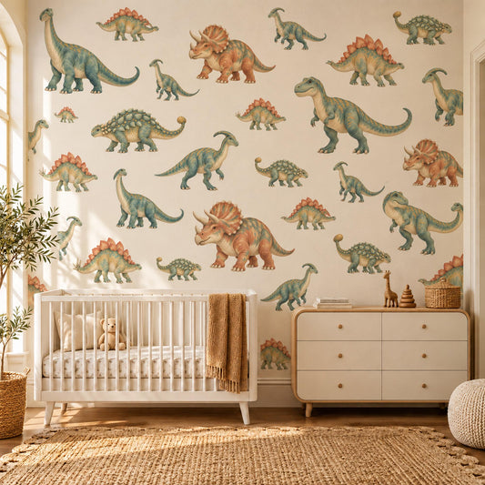 Dinosaur Wall Stickers, Dino Nursery Decor, Jurassic Dinosaur Wall Decals, Boys Kids Room Green Orange Peel and Stick Wall Art