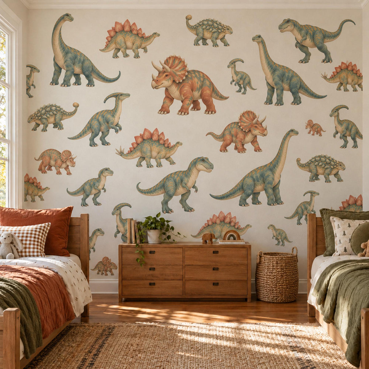 Dinosaur Wall Stickers, Dino Nursery Decor, Jurassic Dinosaur Wall Decals, Boys Kids Room Green Orange Peel and Stick Wall Art