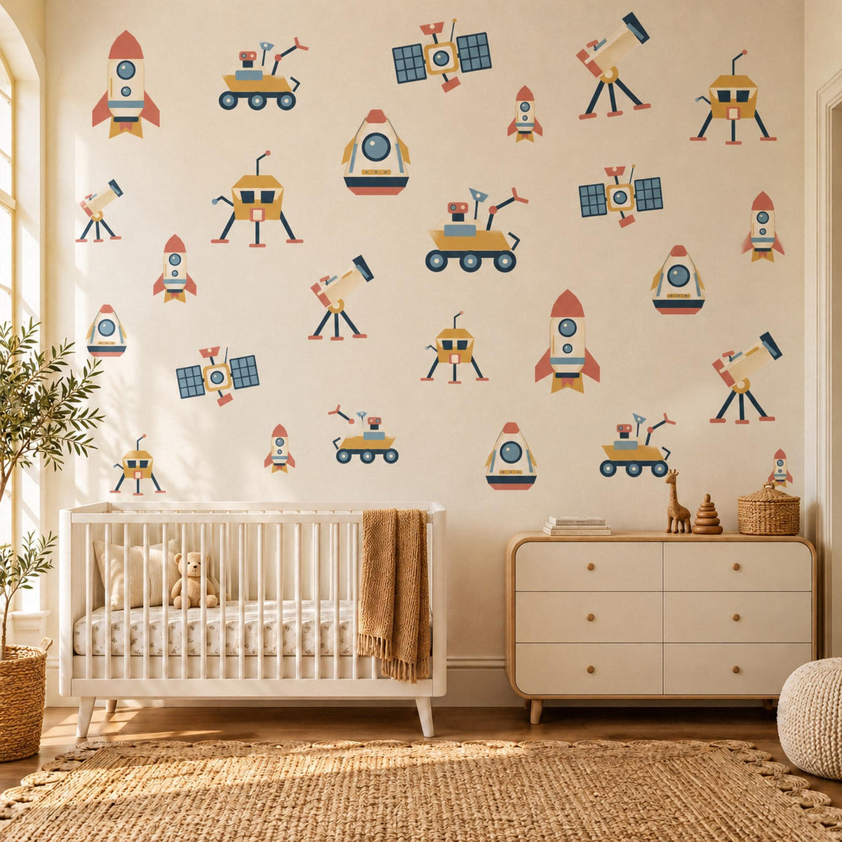 Space Wall Stickers, Rocket Nursery Decor, Outer Space Wall Decals, Boys Kids Room Navy Mustard Rover Satellite Peel and Stick Wall Art