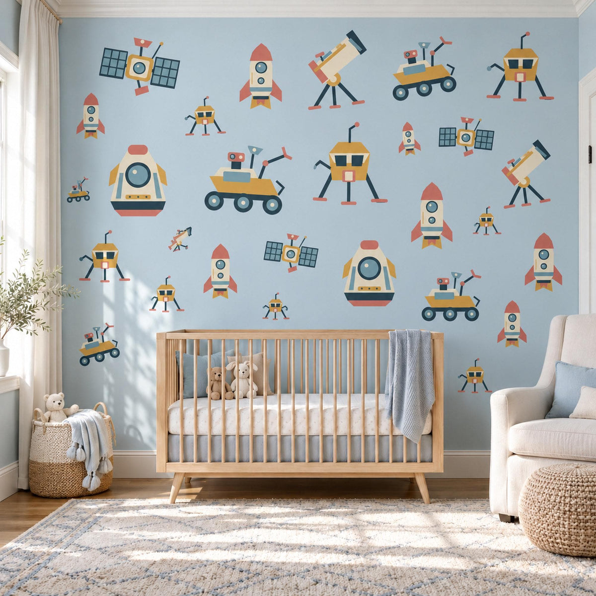 Space Wall Stickers, Rocket Nursery Decor, Outer Space Wall Decals, Boys Kids Room Navy Mustard Rover Satellite Peel and Stick Wall Art