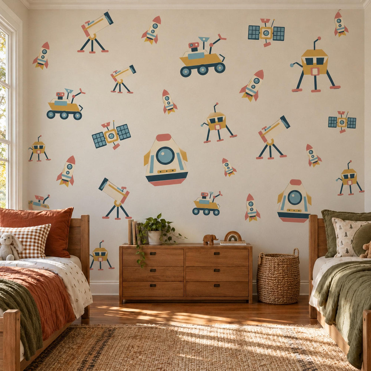 Space Wall Stickers, Rocket Nursery Decor, Outer Space Wall Decals, Boys Kids Room Navy Mustard Rover Satellite Peel and Stick Wall Art