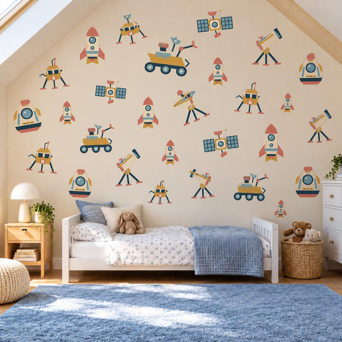 Space Wall Stickers, Rocket Nursery Decor, Outer Space Wall Decals, Boys Kids Room Navy Mustard Rover Satellite Peel and Stick Wall Art