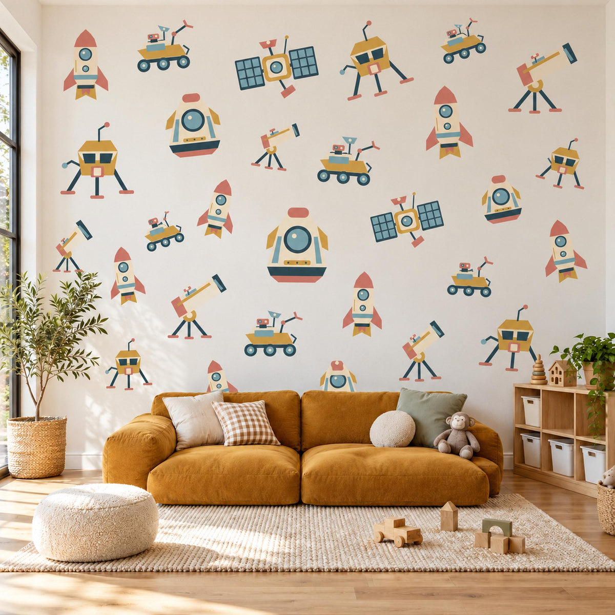 Space Wall Stickers, Rocket Nursery Decor, Outer Space Wall Decals, Boys Kids Room Navy Mustard Rover Satellite Peel and Stick Wall Art