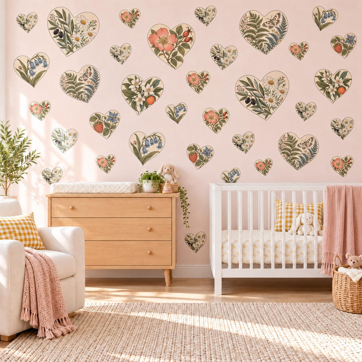 Heart Wall Stickers, Botanical Floral Nursery Decor, Cottagecore Heart Wall Decals, Girls Kids Room Sage Coral Peel and Stick Wall Art