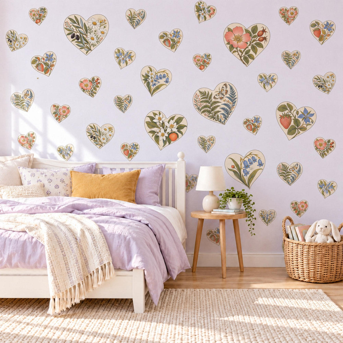 Heart Wall Stickers, Botanical Floral Nursery Decor, Cottagecore Heart Wall Decals, Girls Kids Room Sage Coral Peel and Stick Wall Art