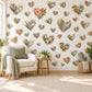 Heart Wall Stickers, Botanical Floral Nursery Decor, Cottagecore Heart Wall Decals, Girls Kids Room Sage Coral Peel and Stick Wall Art