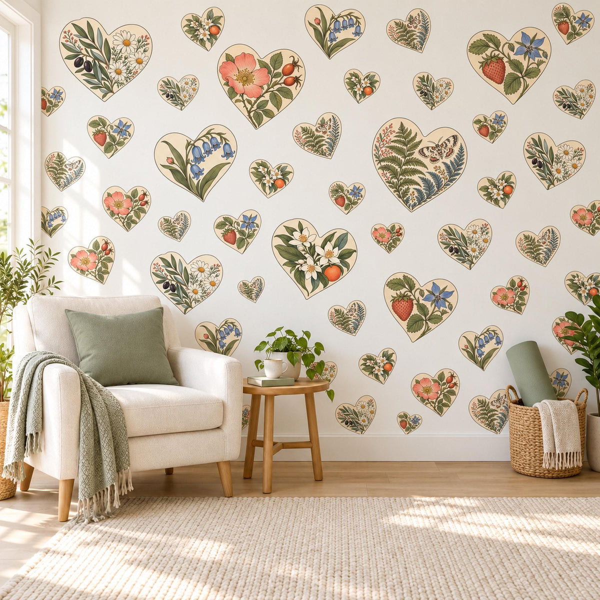 Heart Wall Stickers, Botanical Floral Nursery Decor, Cottagecore Heart Wall Decals, Girls Kids Room Sage Coral Peel and Stick Wall Art