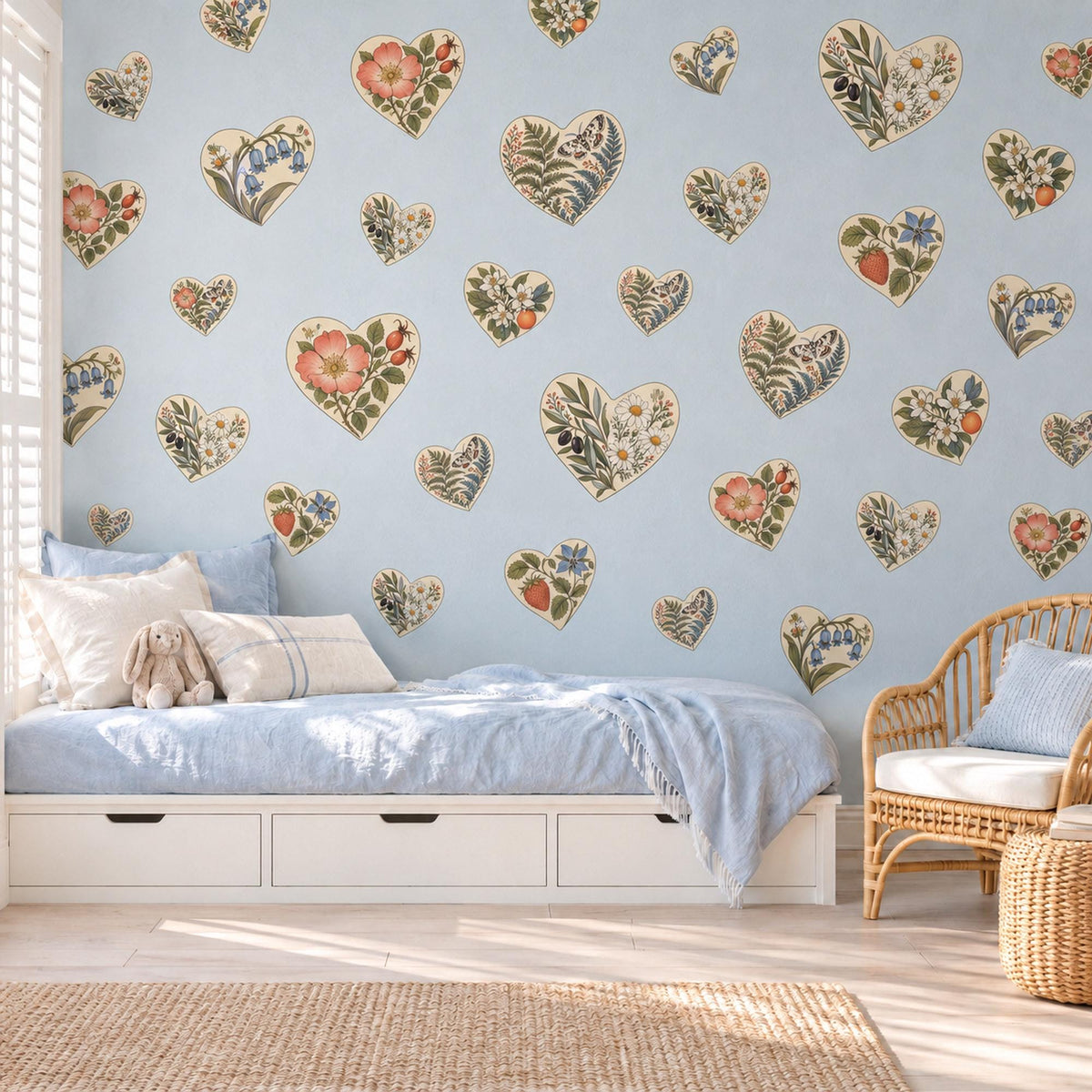 Heart Wall Stickers, Botanical Floral Nursery Decor, Cottagecore Heart Wall Decals, Girls Kids Room Sage Coral Peel and Stick Wall Art