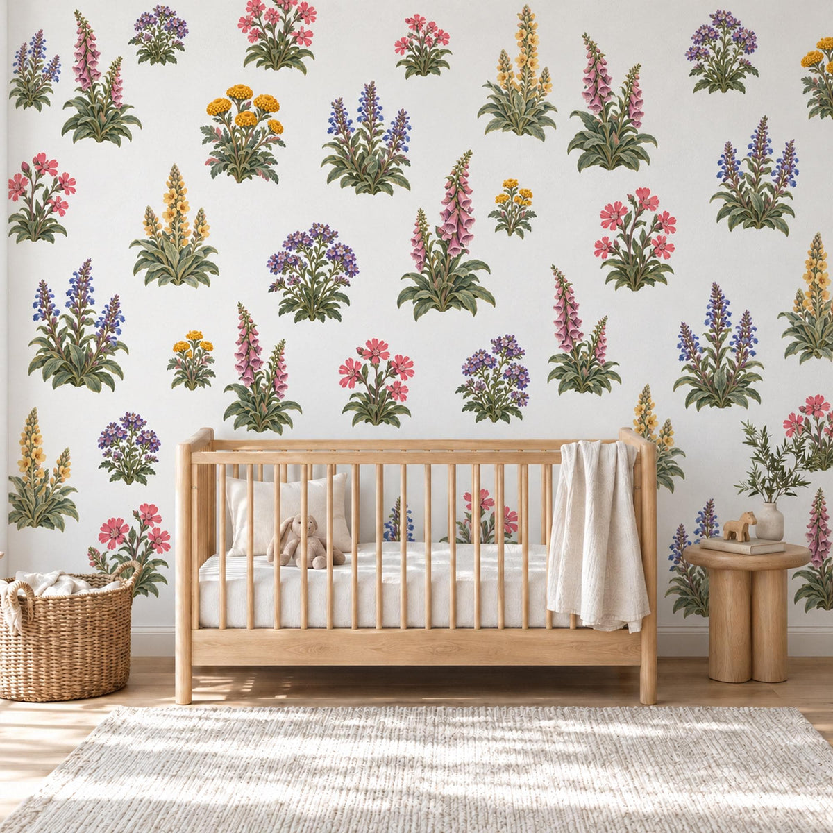Wildflower Wall Stickers, Cottage Garden Nursery Decor, Lupin Foxglove Wall Decals, Girls Kids Room Purple Pink Peel and Stick Wall Art