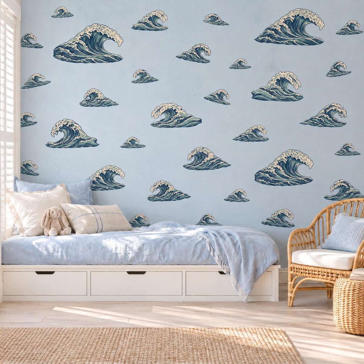 Wave Wall Stickers, Japanese Ocean Wave Decor, Coastal Woodcut Wall Decals, Navy Teal Surf Bedroom Living Room Peel and Stick Wall Art