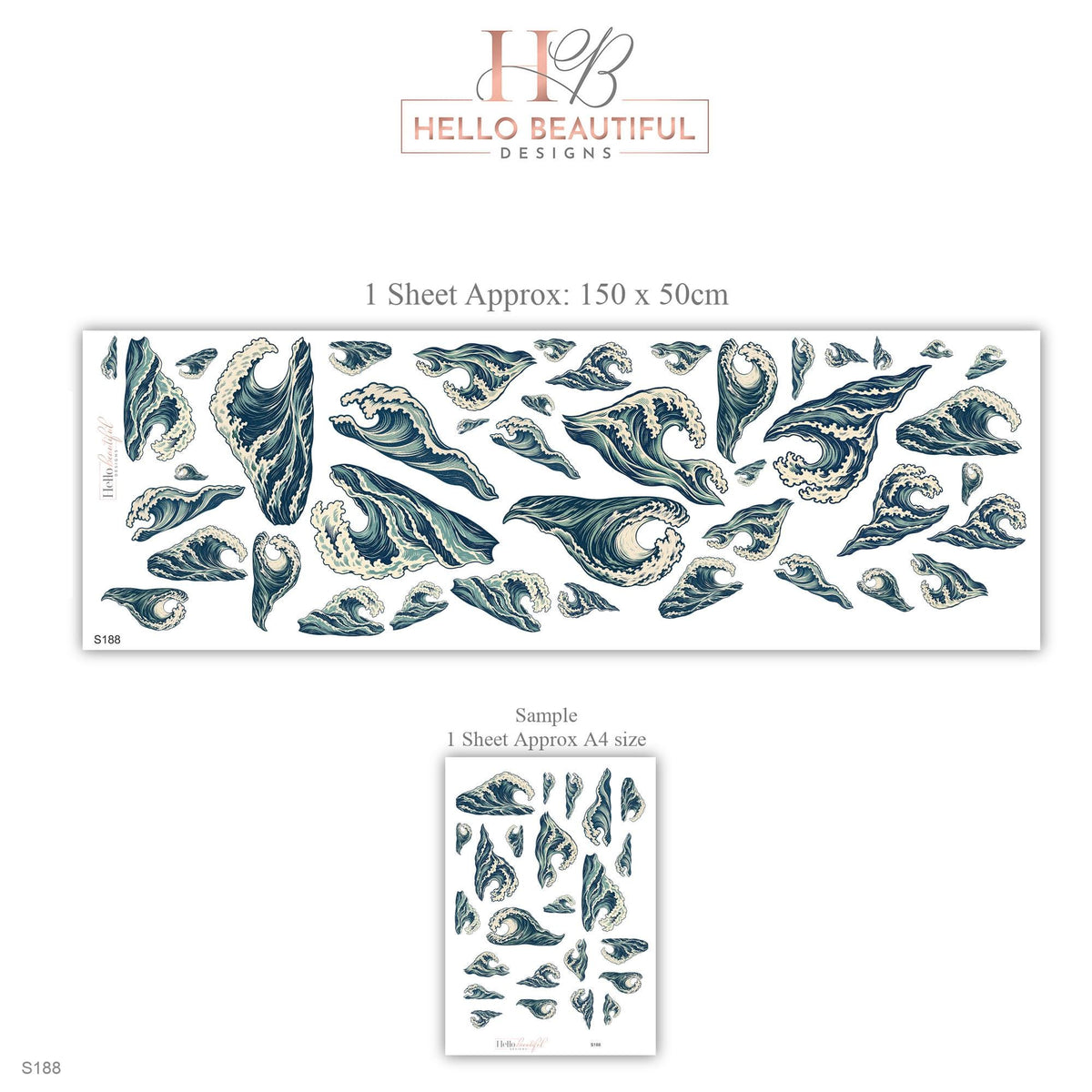 Wave Wall Stickers, Japanese Ocean Wave Decor, Coastal Woodcut Wall Decals, Navy Teal Surf Bedroom Living Room Peel and Stick Wall Art