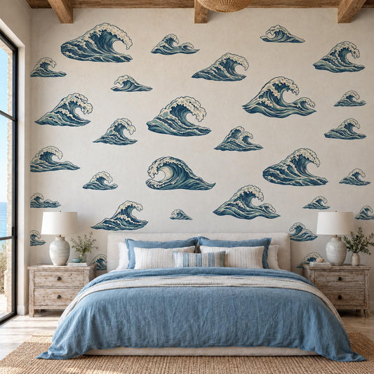 Wave Wall Stickers, Japanese Ocean Wave Decor, Coastal Woodcut Wall Decals, Navy Teal Surf Bedroom Living Room Peel and Stick Wall Art