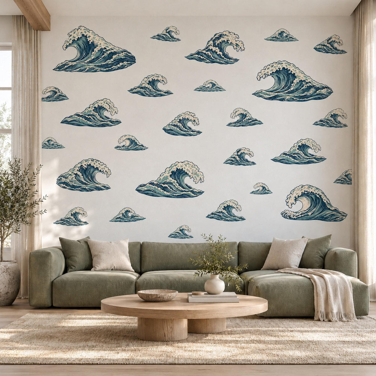 Wave Wall Stickers, Japanese Ocean Wave Decor, Coastal Woodcut Wall Decals, Navy Teal Surf Bedroom Living Room Peel and Stick Wall Art