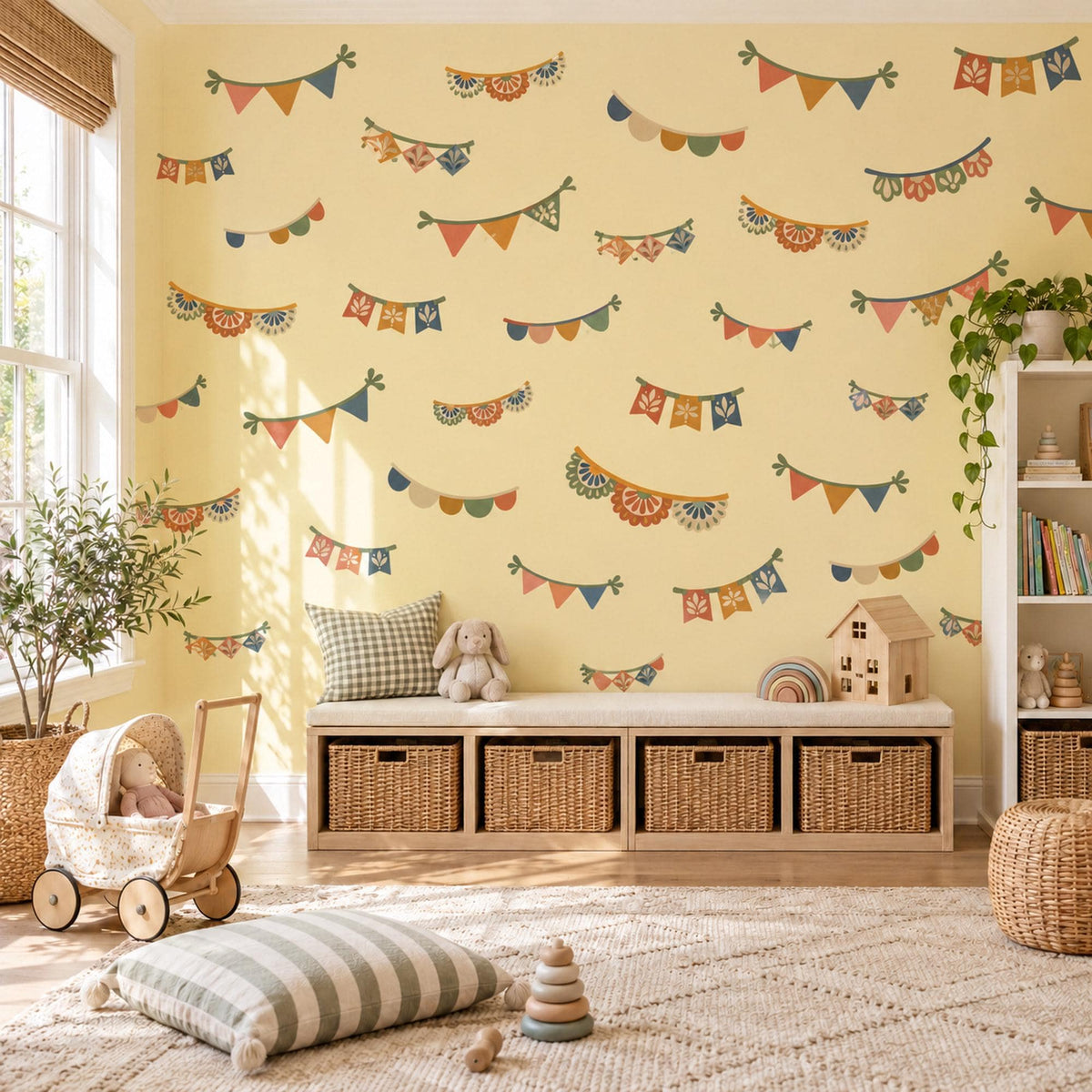 Bunting Wall Stickers, Boho Garland Playroom Decor, Party Flag Wall Decals, Kids Room Terracotta Mustard Teal Peel and Stick Wall Art