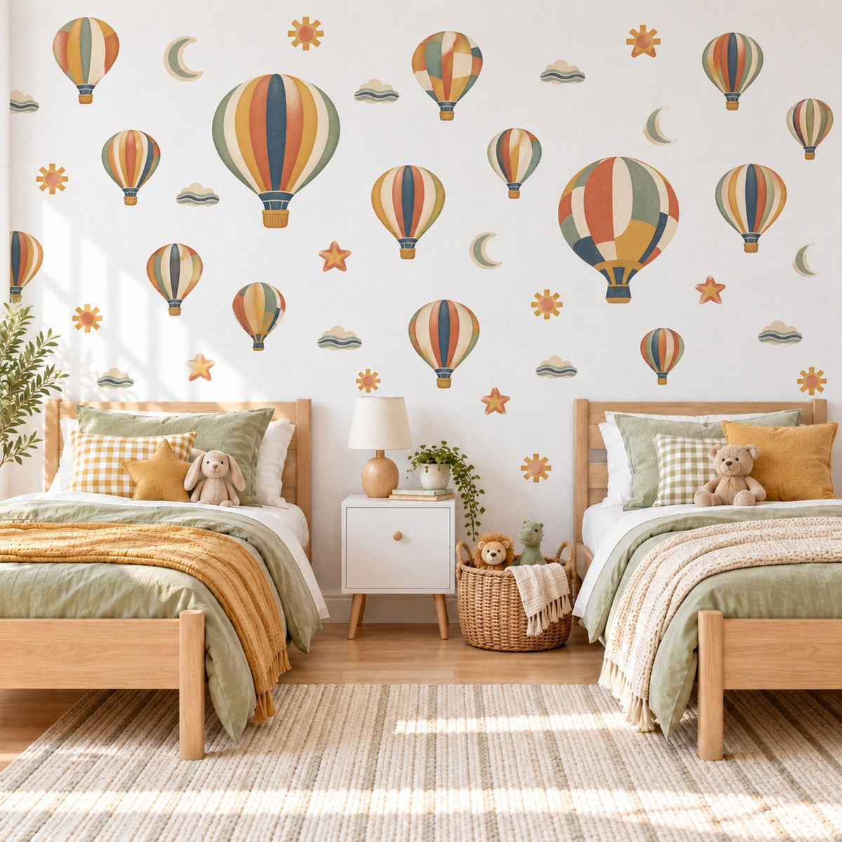 Hot Air Balloon Wall Stickers, Retro Boho Nursery Decor, Balloon Wall Decals, Kids Room Rust Mustard Sage Navy Peel and Stick Wall Art