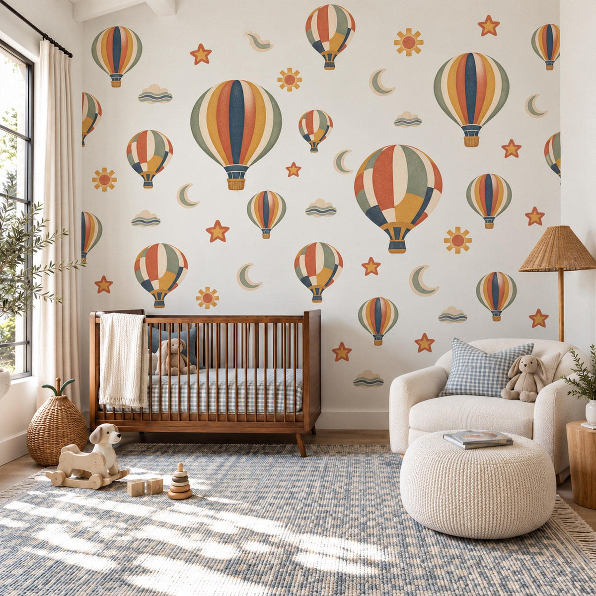 Hot Air Balloon Wall Stickers, Retro Boho Nursery Decor, Balloon Wall Decals, Kids Room Rust Mustard Sage Navy Peel and Stick Wall Art