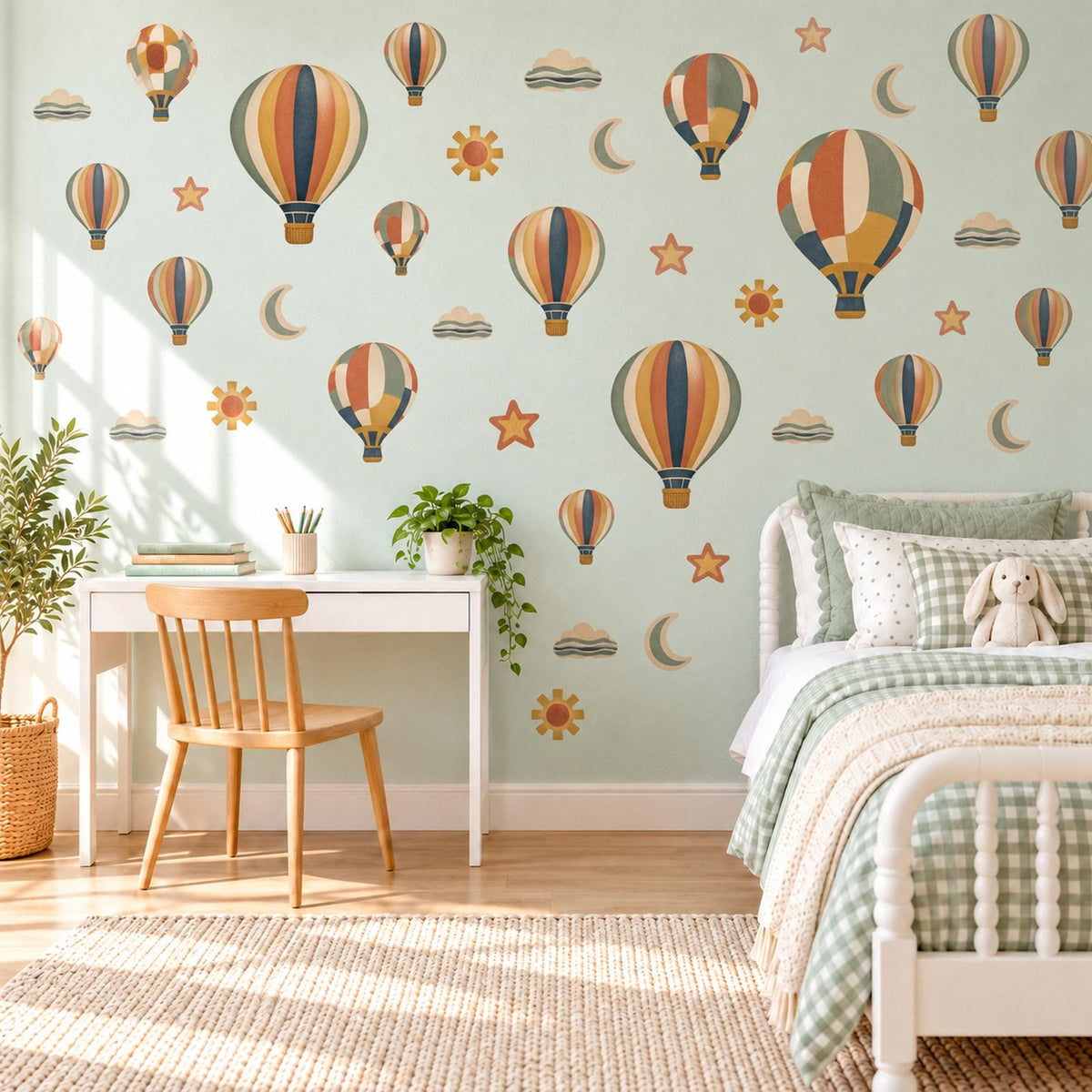 Hot Air Balloon Wall Stickers, Retro Boho Nursery Decor, Balloon Wall Decals, Kids Room Rust Mustard Sage Navy Peel and Stick Wall Art
