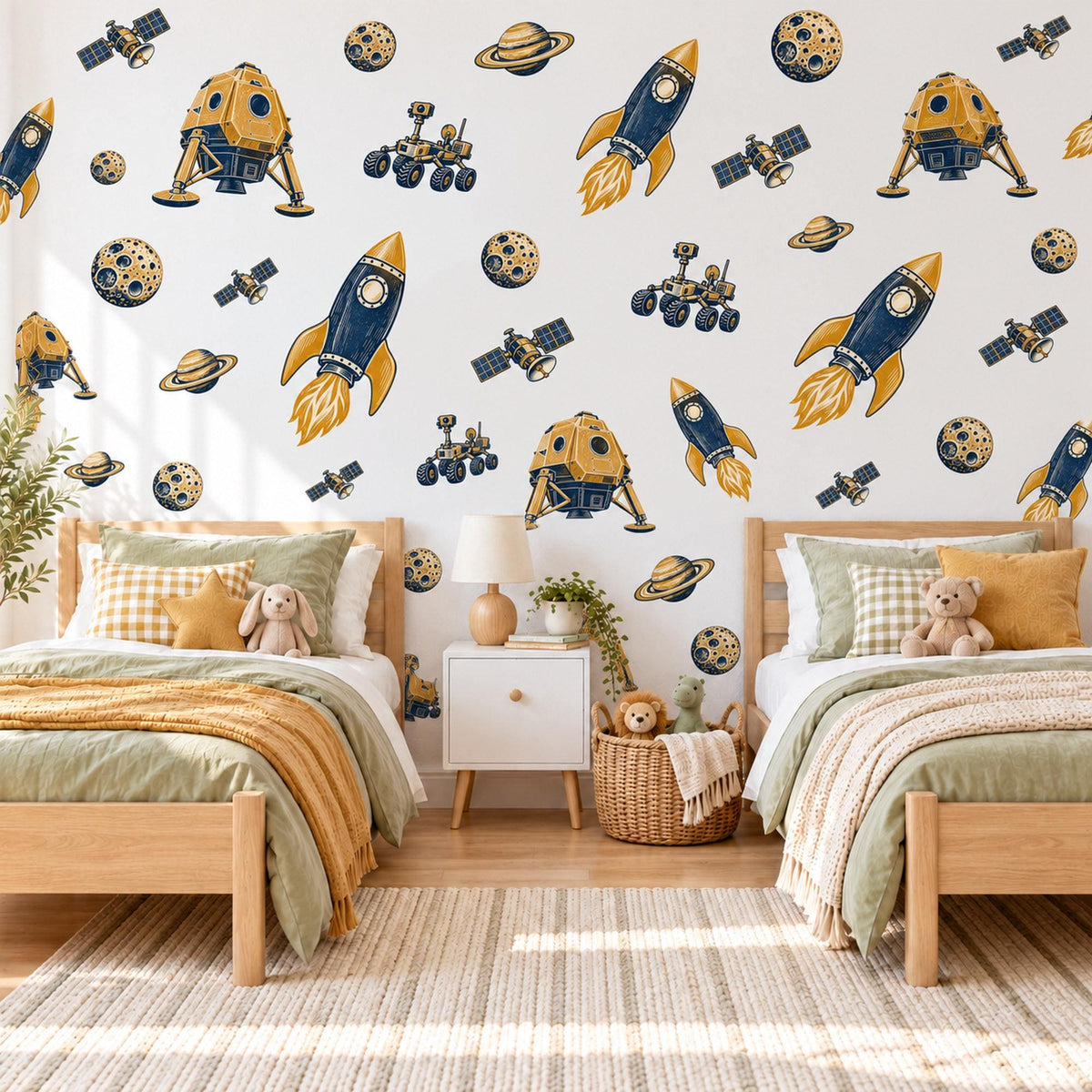 Space Wall Stickers, Rocket Ship Boys Room Decor, Outer Space Wall Decals, Kids Bedroom Navy Mustard Planet Peel and Stick Wall Art