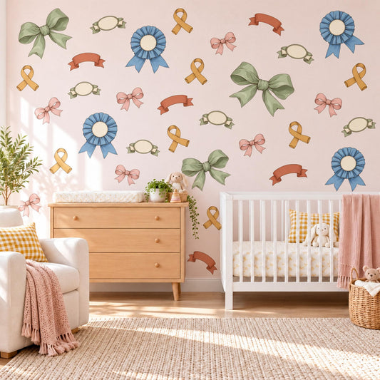 Bow Wall Stickers, Ribbon Rosette Nursery Decor, Coquette Bow Wall Decals, Girls Kids Room Sage Blue Blush Peel and Stick Wall Art