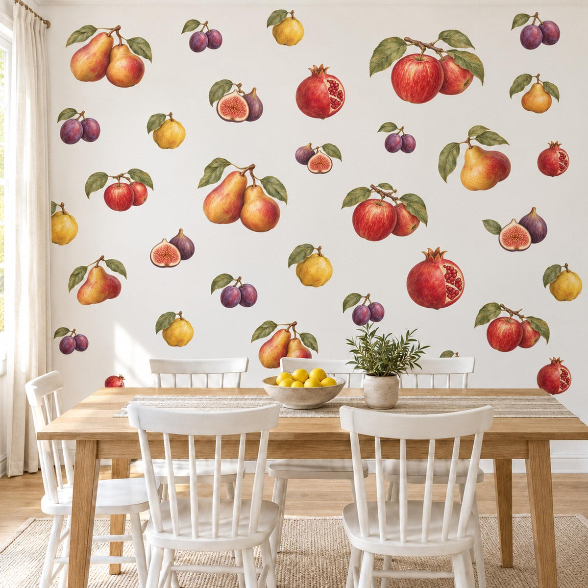 Fruit Wall Stickers, Vintage Kitchen Decor, Apple Pear Fig Wall Decals, Dining Room Botanical Fruit Red Gold Plum Peel and Stick Wall Art