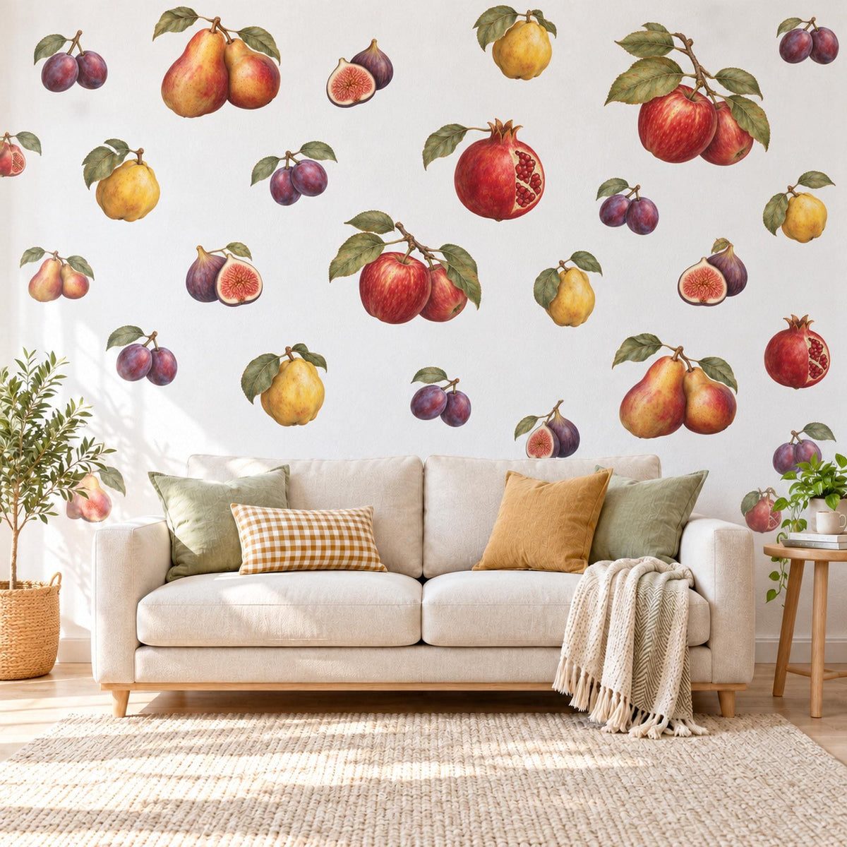 Fruit Wall Stickers, Vintage Kitchen Decor, Apple Pear Fig Wall Decals, Dining Room Botanical Fruit Red Gold Plum Peel and Stick Wall Art