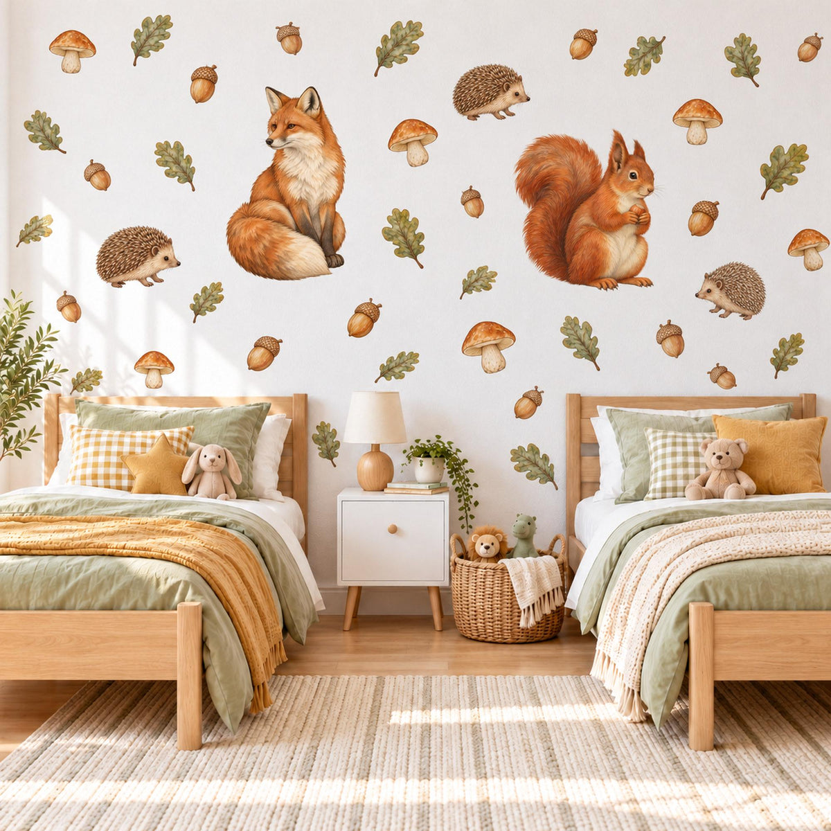 Woodland Animal Wall Stickers, Fox Squirrel Nursery Decor, Forest Animal Wall Decals, Kids Room Rust Orange Acorn Peel and Stick Wall Art