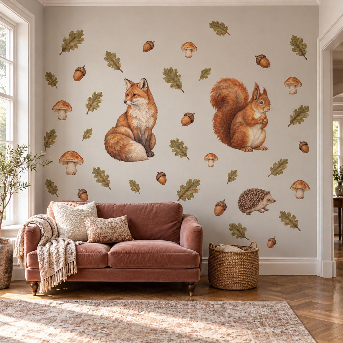 Woodland Animal Wall Stickers, Fox Squirrel Nursery Decor, Forest Animal Wall Decals, Kids Room Rust Orange Acorn Peel and Stick Wall Art