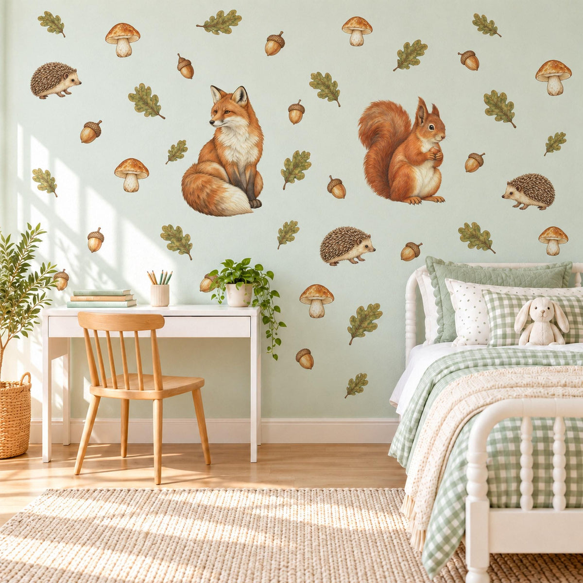 Woodland Animal Wall Stickers, Fox Squirrel Nursery Decor, Forest Animal Wall Decals, Kids Room Rust Orange Acorn Peel and Stick Wall Art
