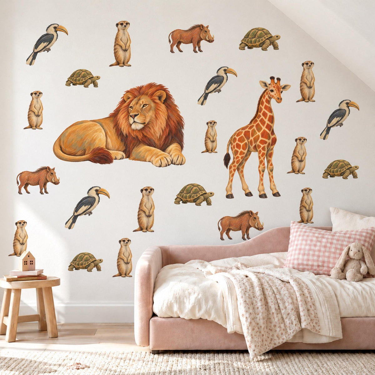 Safari Animal Wall Stickers, Lion Giraffe Nursery Decor, Jungle Animal Wall Decals, Kids Room Ochre Rust Neutral Peel and Stick Wall Art