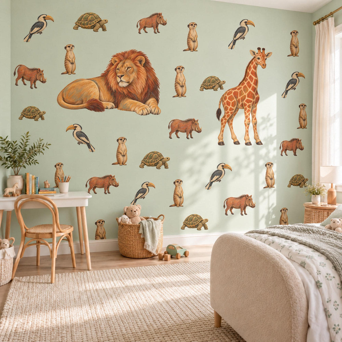 Safari Animal Wall Stickers, Lion Giraffe Nursery Decor, Jungle Animal Wall Decals, Kids Room Ochre Rust Neutral Peel and Stick Wall Art