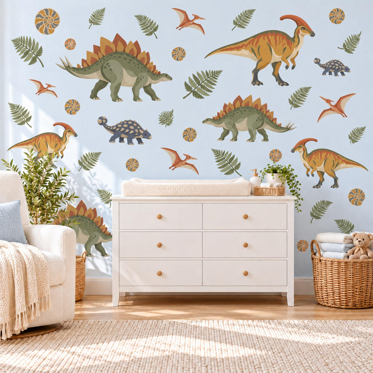 Dinosaur Wall Stickers, Vintage Dino Boys Room Decor, Stegosaurus Wall Decals, Kids Bedroom Olive Ochre Rust Fern Peel and Stick Wall Art