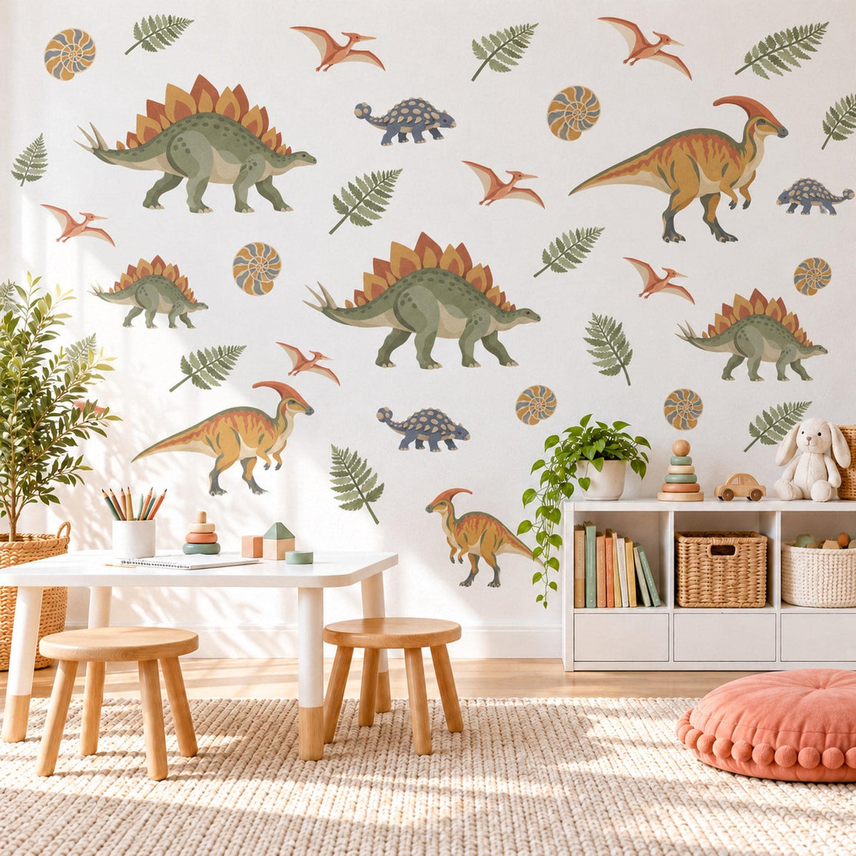 Dinosaur Wall Stickers, Vintage Dino Boys Room Decor, Stegosaurus Wall Decals, Kids Bedroom Olive Ochre Rust Fern Peel and Stick Wall Art