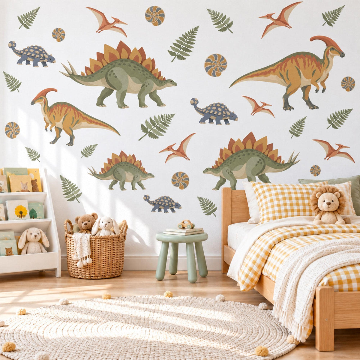 Dinosaur Wall Stickers, Vintage Dino Boys Room Decor, Stegosaurus Wall Decals, Kids Bedroom Olive Ochre Rust Fern Peel and Stick Wall Art